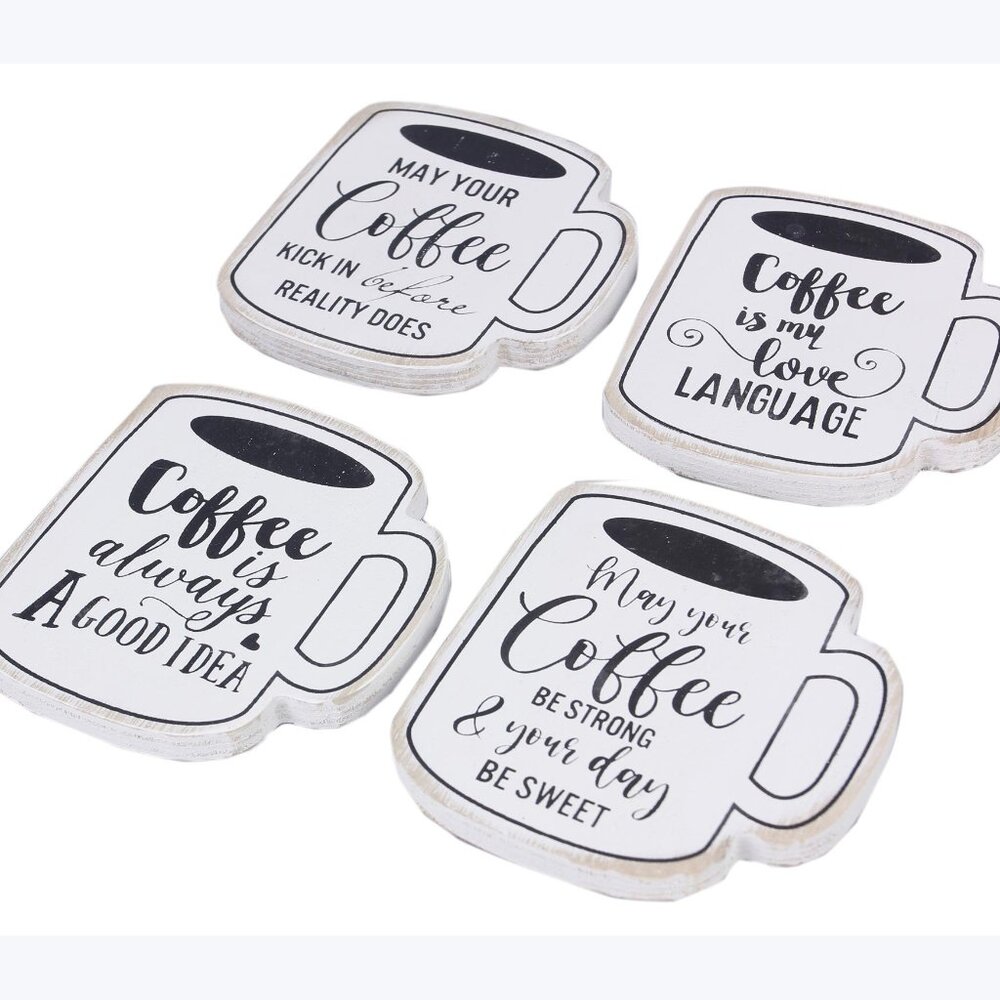 Set of 4 Wood Coffee Mug Coasters - Premium, Funny & Unique Sayings, Great Gift